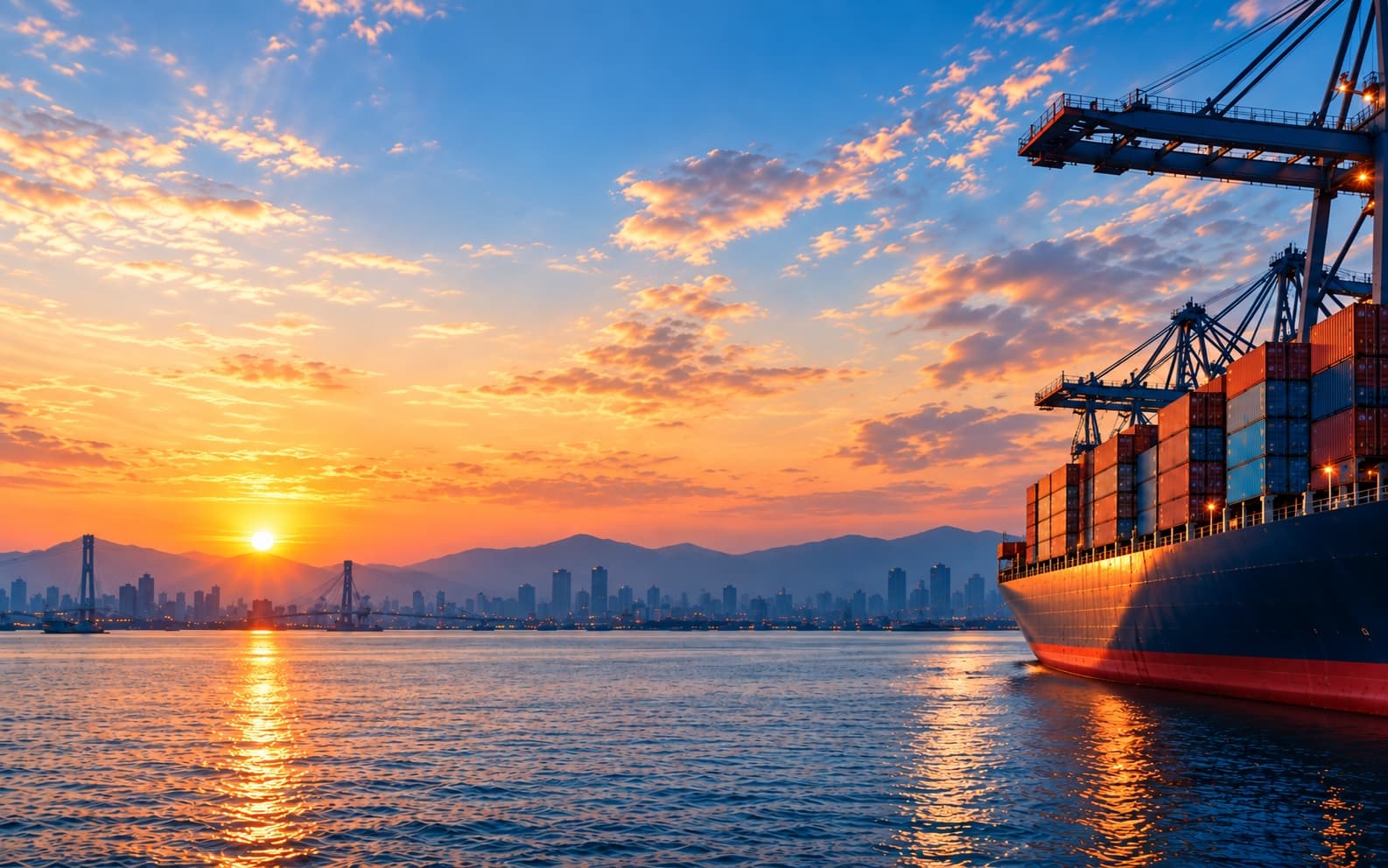Container ship and harbor at sunset