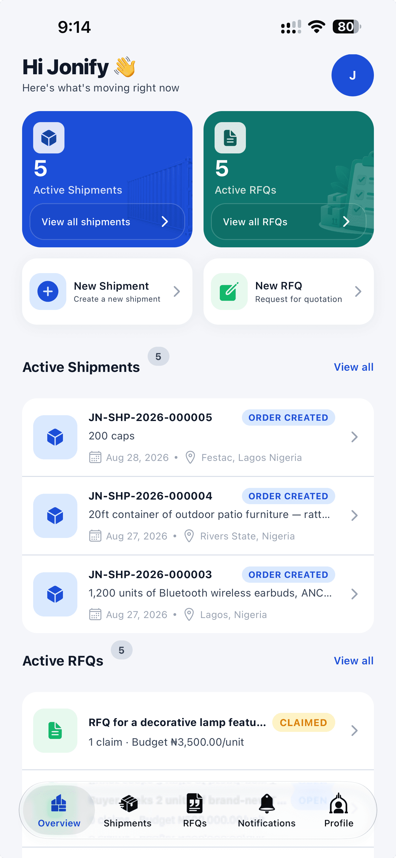 Jonify mobile app customer overview showing shipments and active sourcing requests